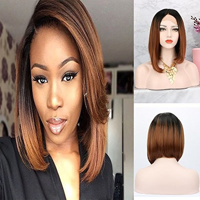 Nantansha Silk Lace Front Wig Heat Resistant Fiber Hair Natural Looking Ombre 2 Tones 12 Inch Brown Short Bob Synthetic Ombre Dark Roots Wigs For Women Half Hand Tied wig