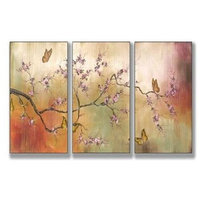 Pink Blossoms and Butterflies Triptych Wall Art