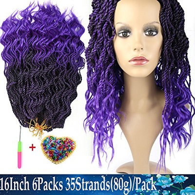 6packs/lot 16Inch 35strands/pack Wavy Senegalese Twist Crochet Braiding Hair Crochet Braids Hair Extension Low Temperature Fiber (6packs, T1b/Purple#)