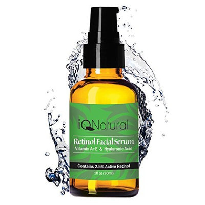 IQ Natural Active Clinical Strength Retinol Collagen Building Serum - Anti Aging Wrinkle Night Facial Moisturizer - Hyaluronic Acid, Vitamin E - 72% Organic