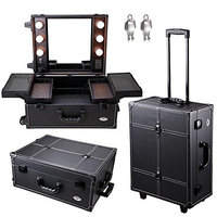 GHP Black Rolling Cosmetic Makeup Case with 6 40W Warm Light Bulbs & Top Cover Mirror