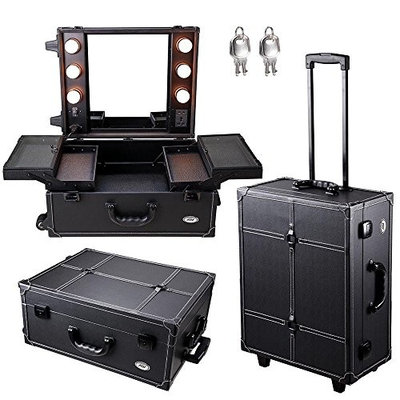 GHP Black Rolling Cosmetic Makeup Case with 6 40W Warm Light Bulbs & Top Cover Mirror