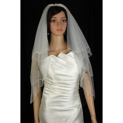 Bridal Veil White 2 Tiers Fingertip Length Edge In Beads, Rhinestone, Crystal