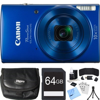 Canon PowerShot ELPH 190 IS Blue Digital Camera w/ 10x Optical Zoom 64GB Card Bundle