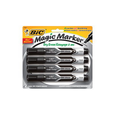 BIC Magic Marker Dry-Erase Markers, Tank Style, Black and Assorted Ink Colors, 4/Pack