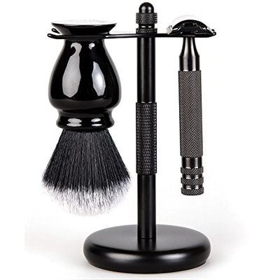 Fendrihan 3-Piece Black Shaving Set with Stainless Steel Safety Razor, Synthetic Brush, and Metal Stand