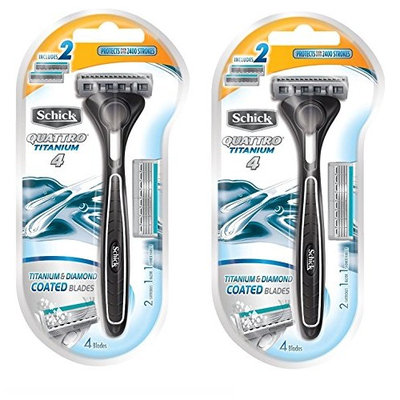 Schick Quattro Razor & Cartridges, Titanium Coated Blades, 1 Razor, 2 Cartridges (Pack of 2) + FREE Assorted Purse Kit/Cosmetic Bag Bonus Gift
