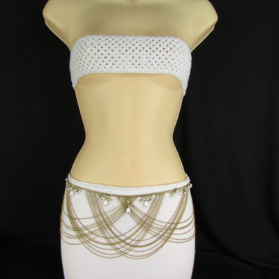 Women Metal Chains Fashion Belt Gold Imitation Pearls Waist 27-34 S M