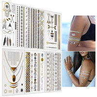 Inifty Temporary Tattoos Body Art Stickers Waterproof Shiny Jewelry Flash Tattoos High Gloss Shimmer Designs in Gold, Silver, Black & Blue Turquoise (6 Sheets Gold & Silver)