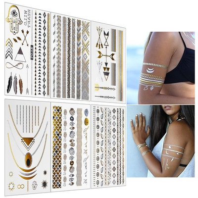 Inifty Temporary Tattoos Body Art Stickers Waterproof Shiny Jewelry Flash Tattoos High Gloss Shimmer Designs in Gold, Silver, Black & Blue Turquoise (6 Sheets Gold & Silver)
