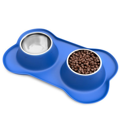 Stainless Steel Pet Bowls for Dogs and Cats- Set of 2 Dishes for Food and Water in Non Slip No Mess Silicone Tray- Bowls 24oz Each by PETMAKER