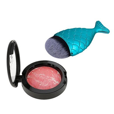 MagiDeal Makeup Blusher Palette Long Lasting Powder Face Blush + Mermaid Glitter Fish Scale Cosmetic Powder Brush Blue