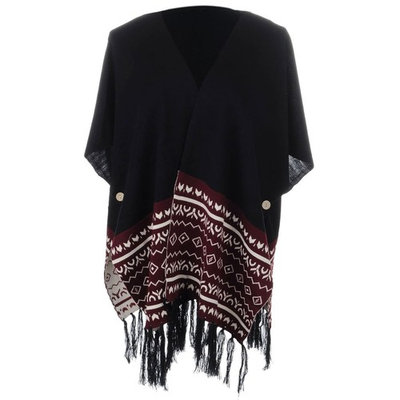 S/M Fit Black Desert Inspired Print Fringe Hem Poncho Style Cardigan