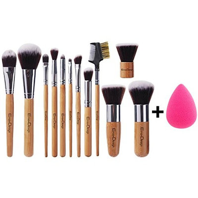 EmaxDesign 12+1 Pieces Makeup Brush Set, 12 Pieces Professional Bamboo Handle Foundation Blending Blush Eye Face Liquid Powder Cream Cosmetics Brushes & 1 Piece Rose Red Beauty Sponge Blender