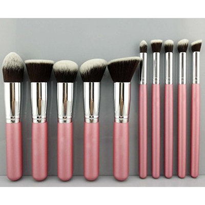 akldigital 10Pcs Professional Premium Kabuki Makeup Brush Set Foundation Blending Blush Eyeshadow Face Powder Contour Kit, Pink & Silver Color