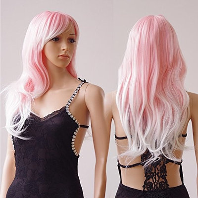 28'' / 70cm Synthetic Wig Pink Ombre 2 Tone Color Japanese Kanekalon Fiber Heat Resistant Full Wig with Bangs Long Curly Wavy Costume Wigs Dip-dye +Stretchable Elastic Wig Net