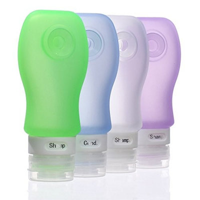Pure Vie Leak Proof Silicone Travel Bottles Set - 3oz (85ml) 4 Pack TSA Approved Refillable & Squeezable BPA Free Silicone Containers with Waterproof Luggage Organizer