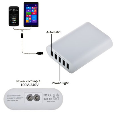 ABLEGRID® White 5V 10A 50W 5-Port USB Charger Travel Desktop Adapter Rapid Charging for Apple iPhone 6S 6S Plus iPad Air mini Samsung Galaxy S6 Edge Plus and Many Other Devices