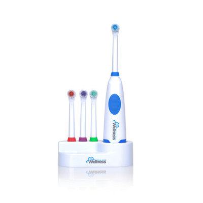 Wellness Oral Care Battery Powered Oscillating Family Electric Toothbrush with 4 Replacement Brush Heads, 2 AA Batteries and Countertop Holder