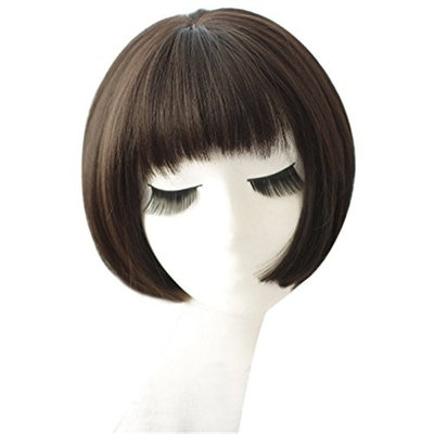 BESTLEE Women Girls Synthetic Hair Short Bob Wig with Uneven Bangs Brownish Black