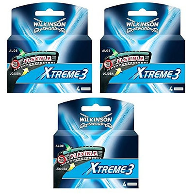 Wilkinson Sword Xtreme3, 4 Count Refill Blades (Same As Schick Xtreme 3 Catridges) Pack of 3 + FREE Luxury Luffa Loofah Bath Sponge On A Rope, Color May Vary