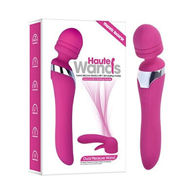 Healthy Vibes Handheld Wand Massager By Haute Wands (Pink, 8.5'') - 7 Speeds with Dual Function Rotating Handle - Includes Free Attachment - Waterproof & Rechargeable - Made from Medical Grade Silicone