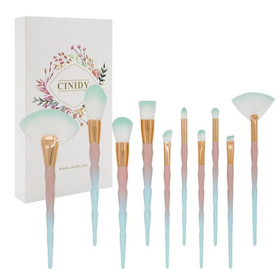 Cinidy Makeup Brushes Set 10pcs 3D Unicorn Premium Plastic Handle High Density Soft Nylon Bristles Kabuki Foundation Blush Eye Cosmetic Brushes with Exquisite Box (Green)