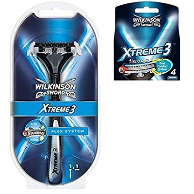 Wilkinson Sword Xtreme3 Razor Handle w/ 2 Refill Razor Blades + Wilkinson Sword Xtreme3, 4 Count Refill Blades + FREE Travel Toothbrush, Color May Vary