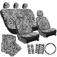 Istiloshoppe Car Accessories 21pc White Zebra Print SUV Seat Covers Set Floor Mats Wheel Belt Pad Head Rest