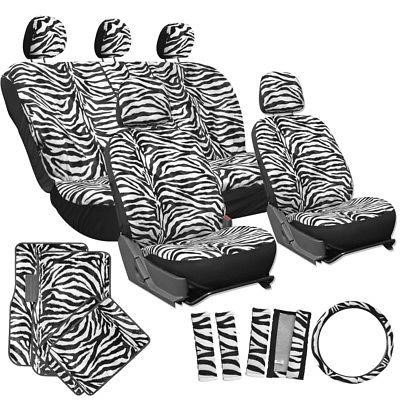 Istiloshoppe Car Accessories 21pc White Zebra Print SUV Seat Covers Set Floor Mats Wheel Belt Pad Head Rest