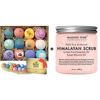 Bath Bombs Gift Set 12 USA made Fizzies, Shea & Coco Butter Dry Skin Moisturize, Perfect for Bubble & Spa Bath + Salt Body Scrub with Lychee Essential Oil from Majestic Pure