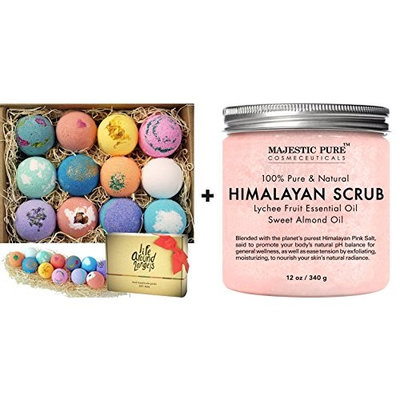 Bath Bombs Gift Set 12 USA made Fizzies, Shea & Coco Butter Dry Skin Moisturize, Perfect for Bubble & Spa Bath + Salt Body Scrub with Lychee Essential Oil from Majestic Pure