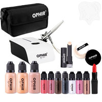 OPHIR Airbrush Makeup System Kit Mini Air Compressor Cosmetic Airbrush Makeup Set with Eyebrow Template Bag 3 Foundation in 1 Ounce Bottles Includes Blush, Bronzer, Highlighter and Lipstick Concealer