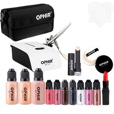 OPHIR Airbrush Makeup System Kit Mini Air Compressor Cosmetic Airbrush Makeup Set with Eyebrow Template Bag 3 Foundation in 1 Ounce Bottles Includes Blush, Bronzer, Highlighter and Lipstick Concealer