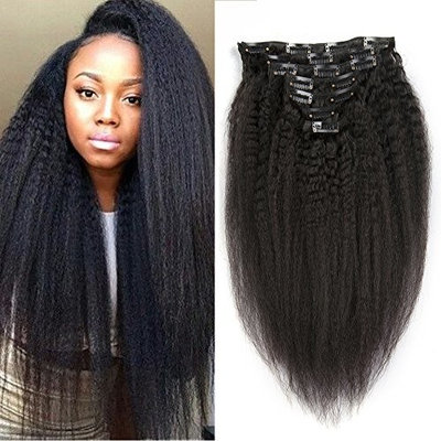 Kinky Straight Clip In Hair Extension Human Hair Double Weft Natural Virgin Brazilian Hair Clip Ins 7pieces/set Coarse Yaki Clip In Human Hair Extension For Black Women (12inch-120g, Natural Color)