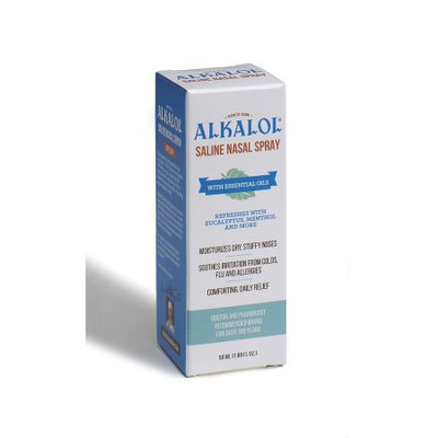 The Alkalol Company Alkalol. Alkalol Saline Nasal Spray 1.69 oz. Moisturizes Dry, Stuffy Noses. Soothes Irritation from Colds, Flu and Allergies. Comforting, Daily Relief.