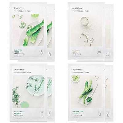 Innisfree Best 4 Type Combo Mask Pack of 8 (Cucumber, Tea Tree, Aloe, Rice)