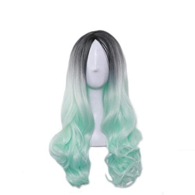 Charming Gradient Color Long Curly Women Hair Wig Dyed Synthetic Hairpiece Black and Green Ameesi