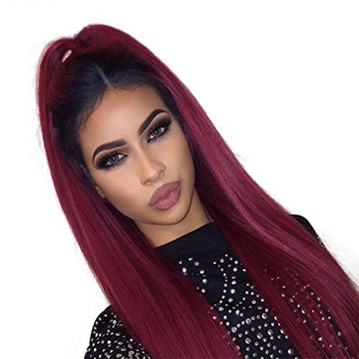 KRN Full Lace Human Hair Wigs African American Wig Ombre Red Remy Virgin Straight Hair for Black Women (20inch, 130% density lace front wig)