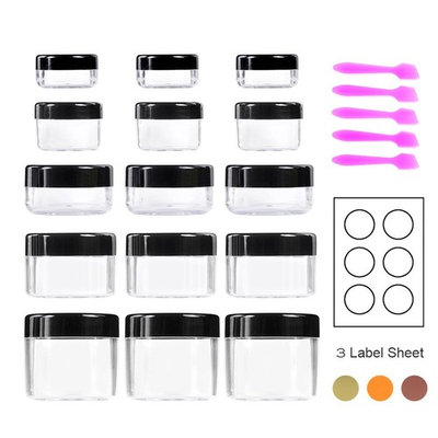 Sogoo 15 Pieces Empty Cosmetic Sample Containers with Lids 3/5/10/15/20 Grams Plastic Cosmetic Pot Jars with Screw Cap and 5 Pieces Mini Spatula,18Pcs Self-Adhesive Removable Labels