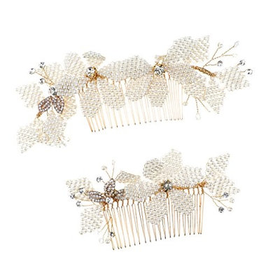 D DOLITY Pack of 2 Bridal Flower Hair Comb Diamante Crystal Wedding Clip Slide Headband Prom