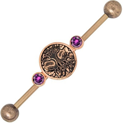 Tree of Life Charm Industrial Barbell 14ga Cartilage 316L Surgical Steel + Extra Bars - Vintage Brass Finish