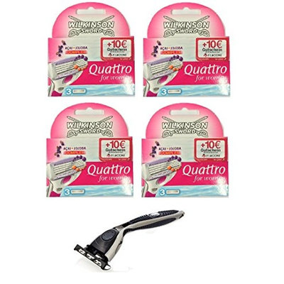 Compatible Razor + Wilkinson by Schick Quattro for Women Refill Blade Cartridges, 3 Count (4 Pack) + FREE LA Cross Tweezers 71817