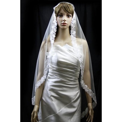 Bridal Mantilla Veil Diamond (Off) White 1 Tier Long Knee Length With Lace Edge