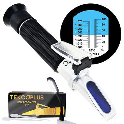 Optics Salinity 0-10% Refractometer, Dual Scale (1.0 to 1.070 S.G / 0-100ppt) for Salt Sea Water Aquarium Tank, Marine Industry, with LED light and pipettes