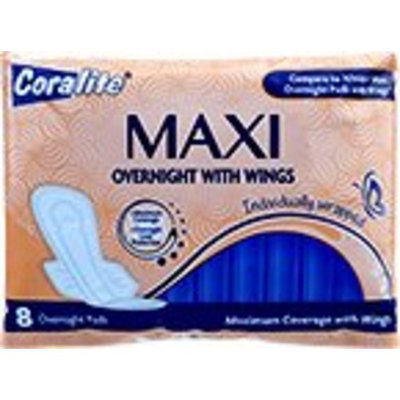Coralite Overnight Maxi Pad with Wings 8ct - Bulk case of 24