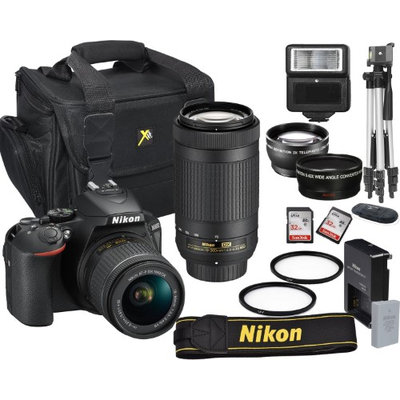 Nikon D5600 24.2 MP DSLR Camera + 18-55mm VR Lens Kit +70-300mm DX AF-P Zoom Lens+ Accessory Bundle + 2X 32GB Memory + Camera Bag + Wide Angle Lens + 2x Telephoto + Flash + Tripod + Filters + More