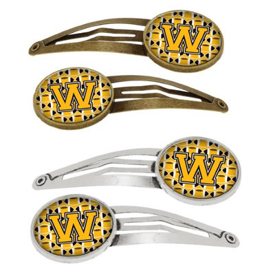 Letter W Football Black, Old Gold and White Set of 4 Barrettes Hair Clips CJ1080-WHCS4