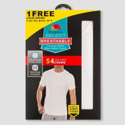 Fruit of the Loom® Men's Select Breathable 4+1pk Crew T-Shirts - White M