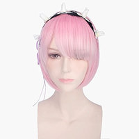 Anime Short Straight Cosplay Wig with Flower Hairpin Women Girls' Party Wigs Heat Resistant Fiber